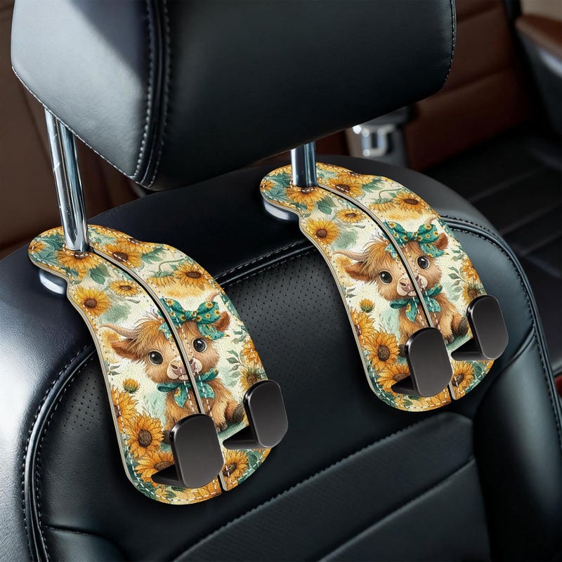 Blusabaca 2PCS Car Hooks for Purses Bags, Highland Cow Cattle Artwork Modern Seat Back Storage Headrest Holder Hanger PU Leather Double Metal Backseat Organizer, Women Car Accessories Organization - Image 1